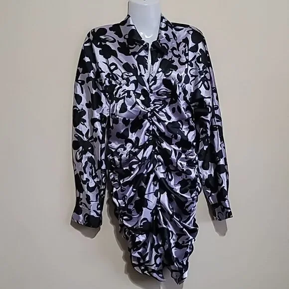 Zara Satin Effect Black and Lilac Dress Sz Large - Picture 6 of 8